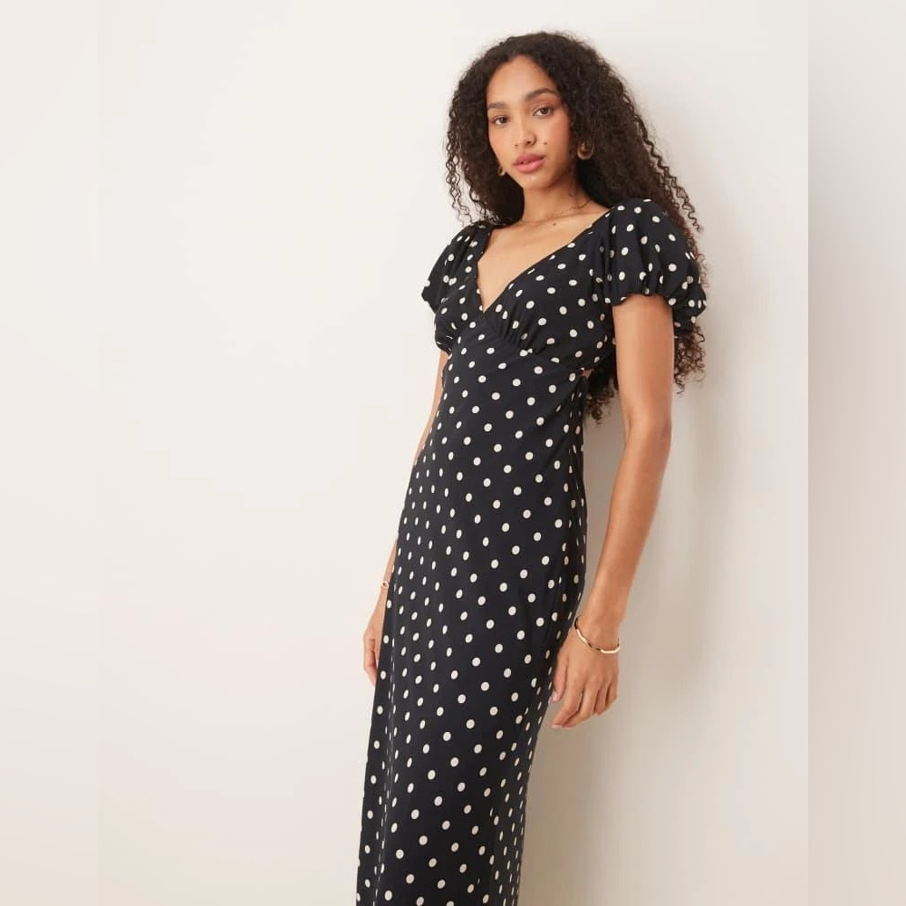 Abercrombie Black & White Polka Dot Puff Sleeve Maxi Dress